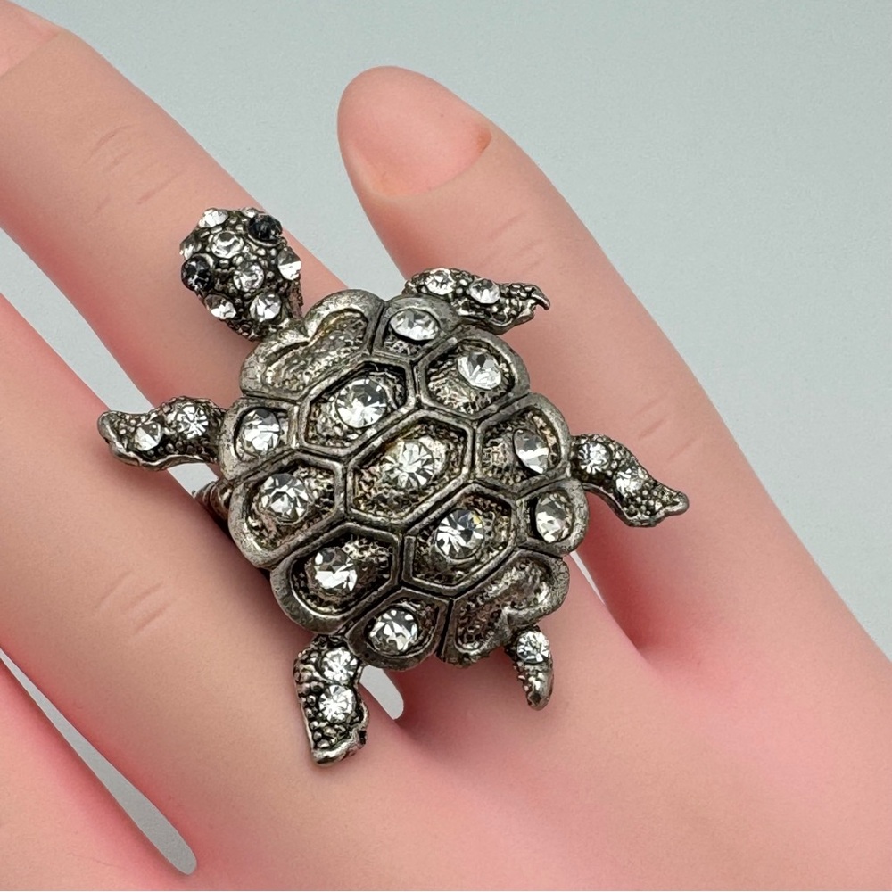 Vintage Silver Tone Turtle Stretch Ring Rhinestone Statement Size 9–10